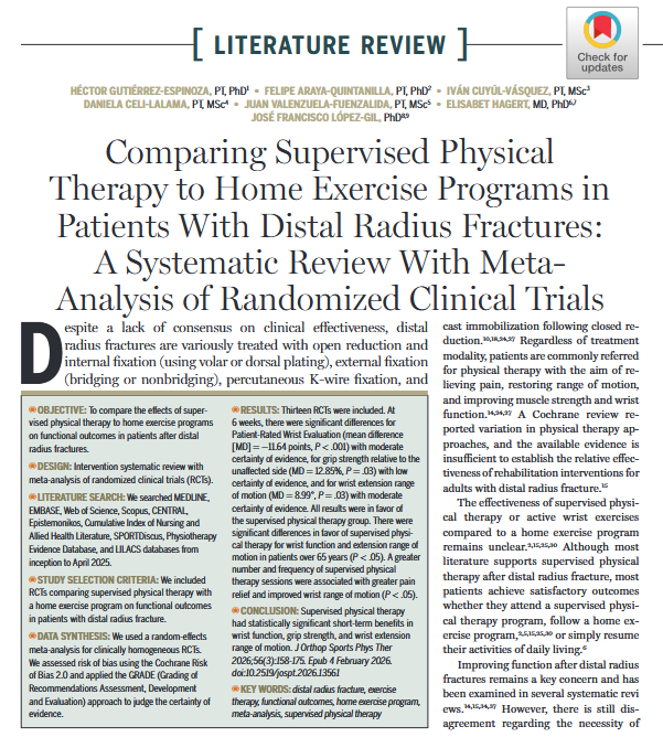 JOSPT's tweet image. Supervised physio after a distal #radius #fracture delivers real short-term gains 💪
​
This #MetaAnalysis found that short-term post injury supervised physical therapy was superior to home exercise alone, especially in #OlderAdults

#Review ➡️ ow.ly/1fJH50YyTEG

#yourJOSPT