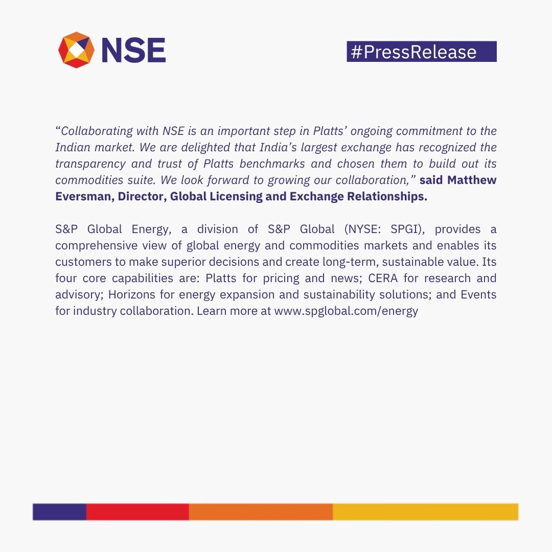 NSEIndia's tweet image. Press Release: NSE Announces Strategic Collaboration with S&amp;amp;P Global Energy to Launch Derivatives on Platts Benchmarks. 

To know more click here- nsearchives.nseindia.com//web/pressrele…

spglobal.com/energy/en

#NSE #NSEIndia #PressRelease #StrategicCollaboration #Launch #Derivatives #Platts