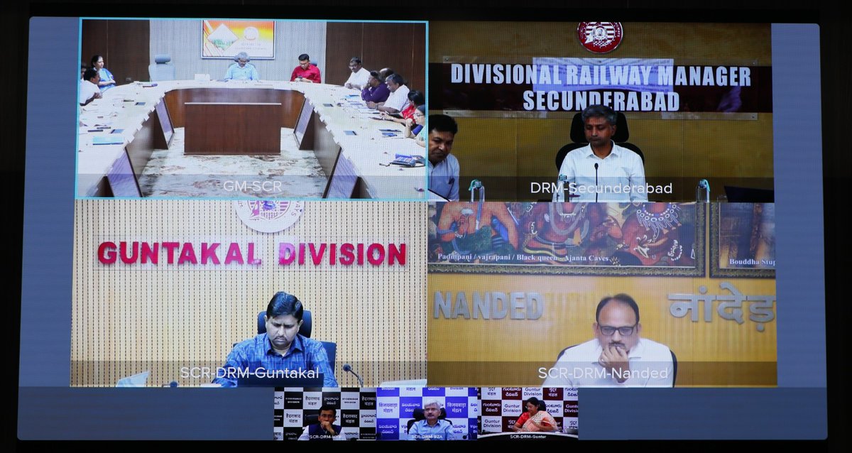 SCRailwayIndia's tweet image. Shri Sanjay Kumar Srivastava, General Manager, SCR holds review meeting on safety of train operations across the zone today at Rail Nilayam along with Principal Heads of Depts.
Divisional Railway Managers participated through video conference.

#safetyfirst #railways