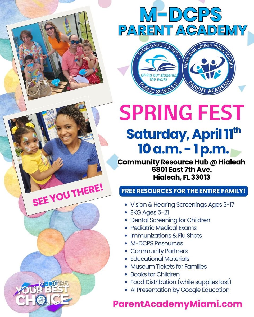 IprepNorth's tweet photo. Join us for the Parent Academy Spring Fest on April 11th at 10 AM at the Hialeah Resource Hub (5801 E 7th Ave). Enjoy free student resources, immunizations, medical screenings, and live music. Visit https://t.co/icbXucafFP! #YourBestChoiceMDCPS https://t.co/2KKFwBUDgL