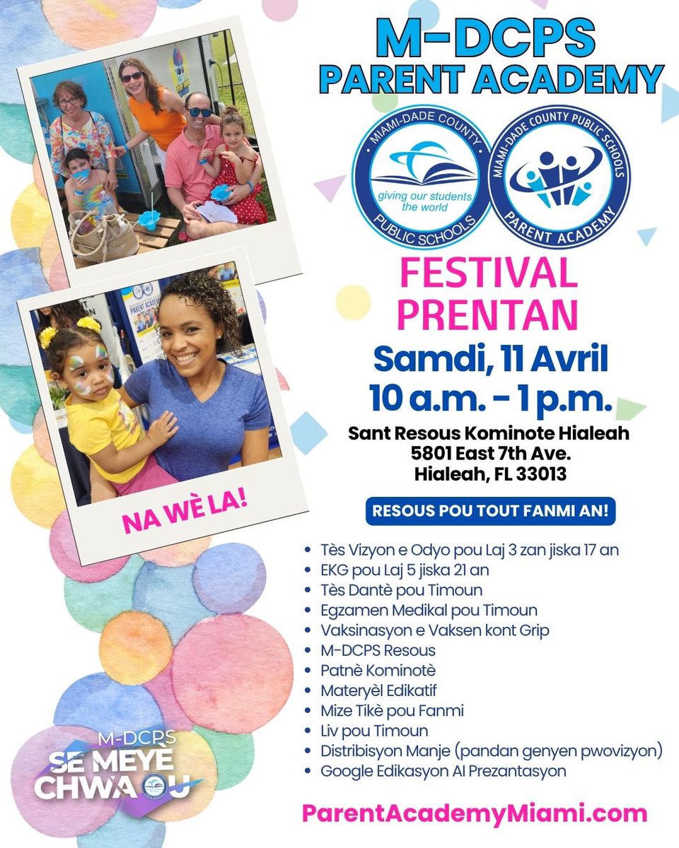 IprepNorth's tweet photo. Join us for the Parent Academy Spring Fest on April 11th at 10 AM at the Hialeah Resource Hub (5801 E 7th Ave). Enjoy free student resources, immunizations, medical screenings, and live music. Visit https://t.co/icbXucafFP! #YourBestChoiceMDCPS https://t.co/2KKFwBUDgL
