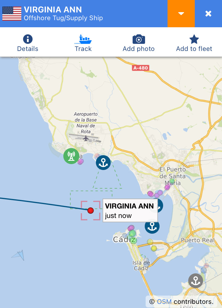 davideravera's tweet photo. 🚨#Spagna #USNavy #EEUU | NEW | Cádiz | Sta entrando in porto a Cadice la nave Virginia Ann [IMO 9645657 - MMSI 369331000]. Non è una nave da guerra ma sta svolgendo operazioni militari potenzialmente legate al sistema #SOSUS di rilevamento della presenza di sottomarini russi. https://t.co/GT4bPZpTX2