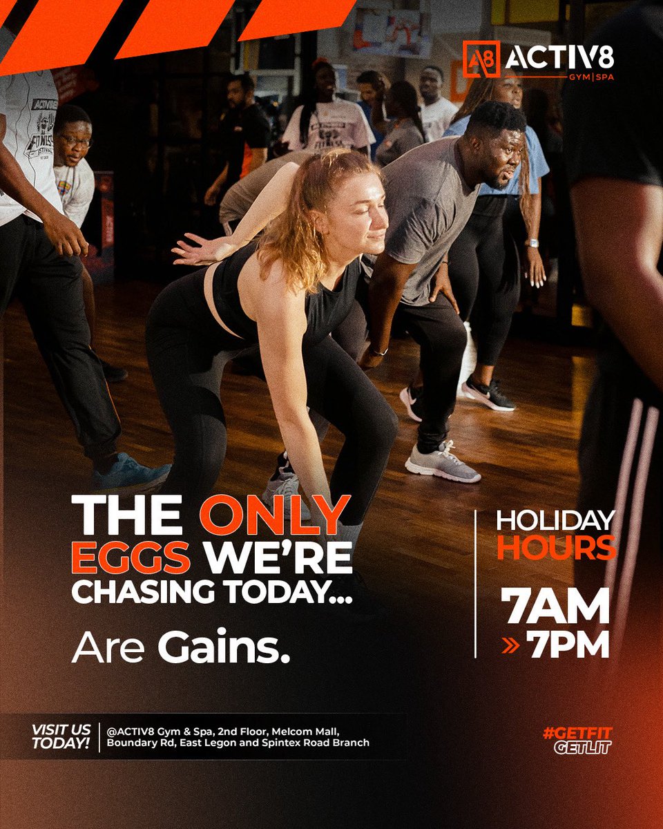 activ8ghana's tweet photo. Easter eggs are great…
but gym gains are even better 😅

Happy Easter Monday from the ACTIV8 family.
📞 Spintex – 059 395 9944 | East Legon – 053 109 0902

#GetFitGetLit #ACTIV8Lifestyle #EasterMonday #FitnessFun
#ACTIV8Community https://t.co/nZ8HgXnnFJ