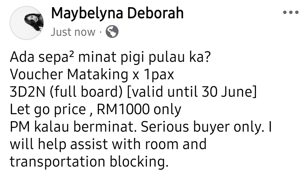 MaybelynaD's tweet photo. Haluuu ada yg minat ka pigi healing2 d pulau? 🤭🤭 buli pm siaa kalau minat. I want to let go my Mataking voucher .. pm if interested to know more 🥰 https://t.co/54L7siEPef