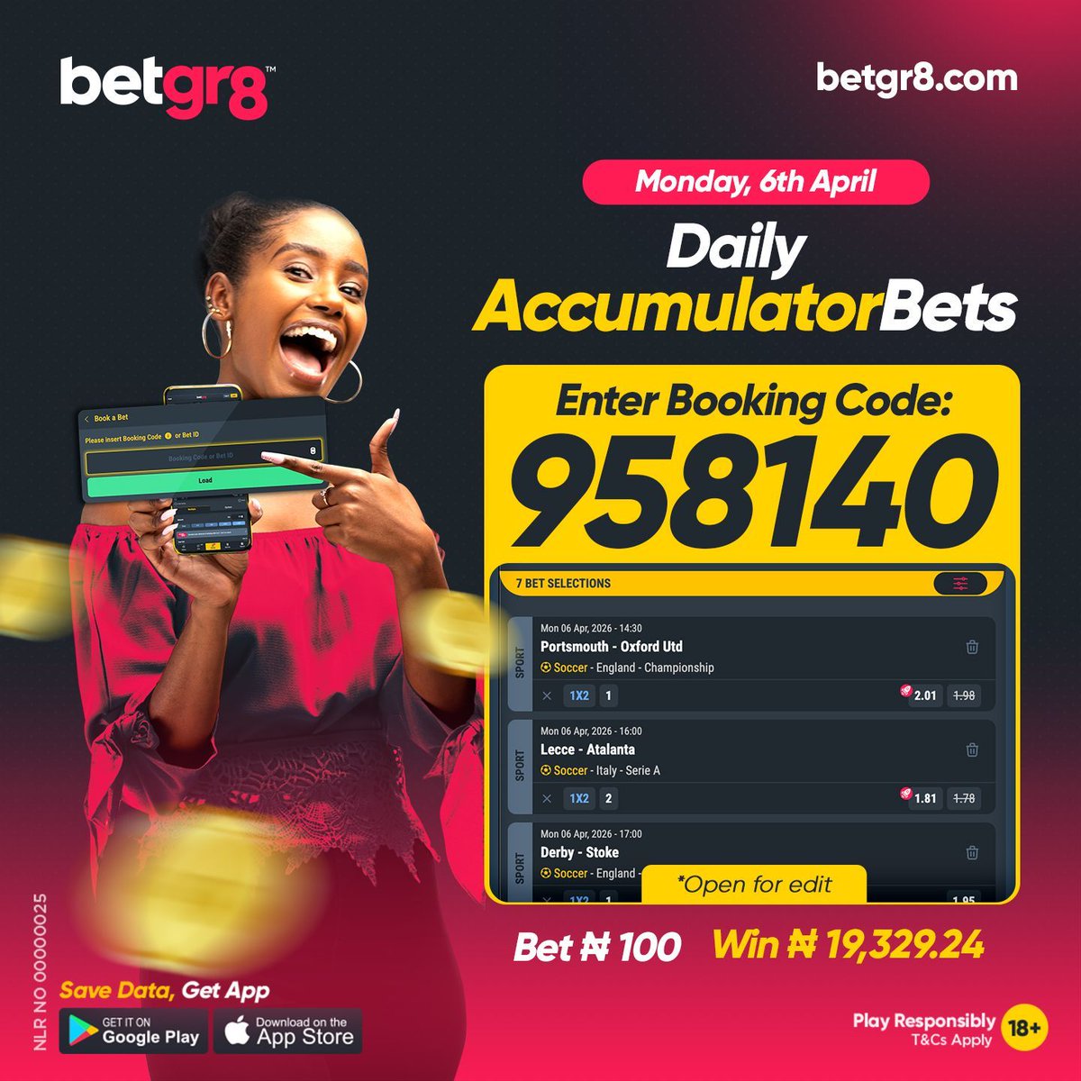 Betgr8Nigeria's tweet image. 🚨 Monday's Booking Code is LIVE! ⚡️
Your winning slip is locked and loaded. Just load it up!
🔓 Code: 958140
👉 betgr8.com/ng/retrieve-bo…

Review the games, tweak, then stake!

Best of luck!

18+ | #Betgr8 #BestOdds #BookingCode #MondayMotivation