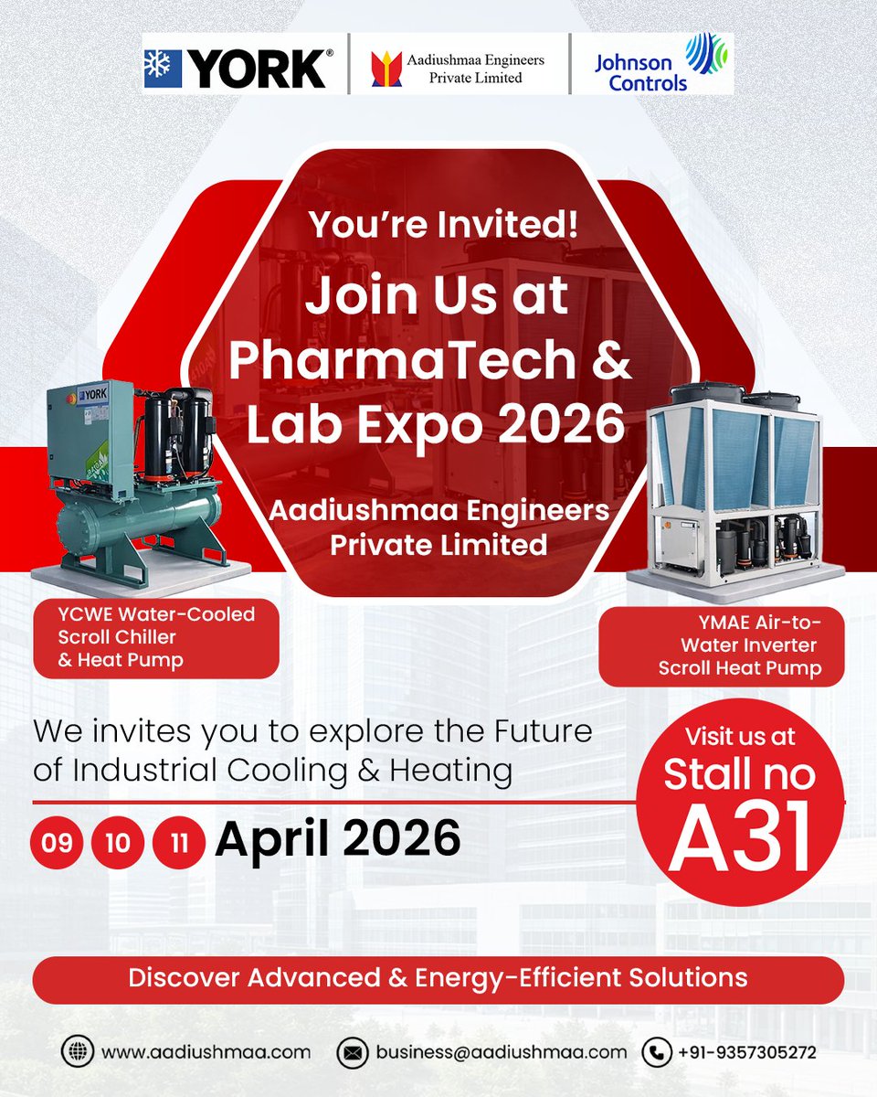 aadiushmaa's tweet photo. Join us at PharmaTech &amp; Lab Expo 2026 and explore the future of Industrial Cooling &amp; Heating.

📍 Stall No: A31 | Chandigarh
📅 9–11 April 2026
👉 Don���t miss the live demo &amp; expert consultation!
#PharmaTechExpo #IndustrialCooling #HVAC #EnergyEfficiency #AadiushmaaEngineers https://t.co/e6xa5N93rT