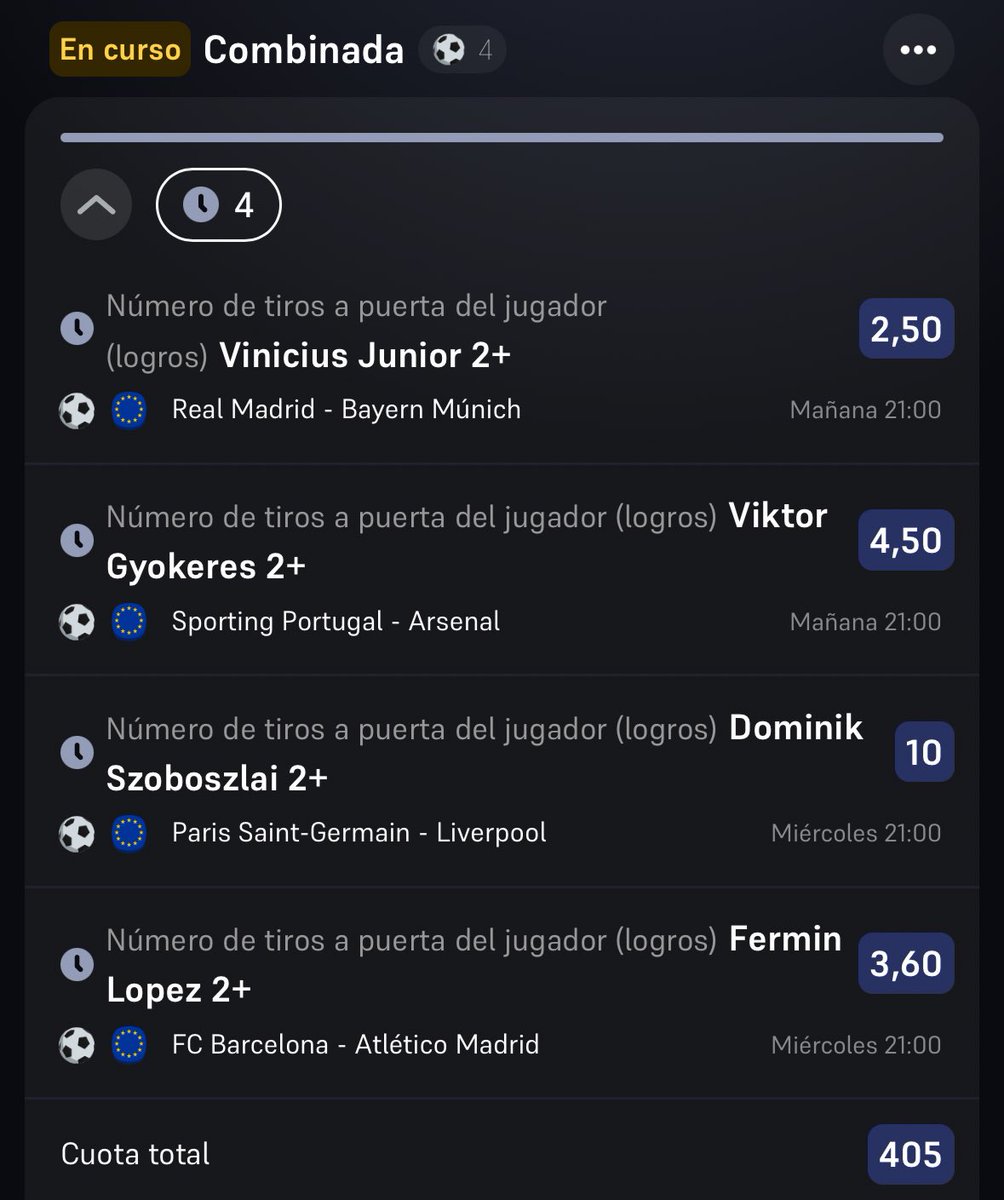 ElPickFijo's tweet photo. Cuota 1900
Cuota 405
Cuota 135
Cuota 103

JORNADA DE CHAMPIONS ⚽️⚽️
Vamos a probar con esto a ver si suena la campana y sale alguna.

No me parecen ninguna locura para las cuotas que son https://t.co/QHqvrWsFGH