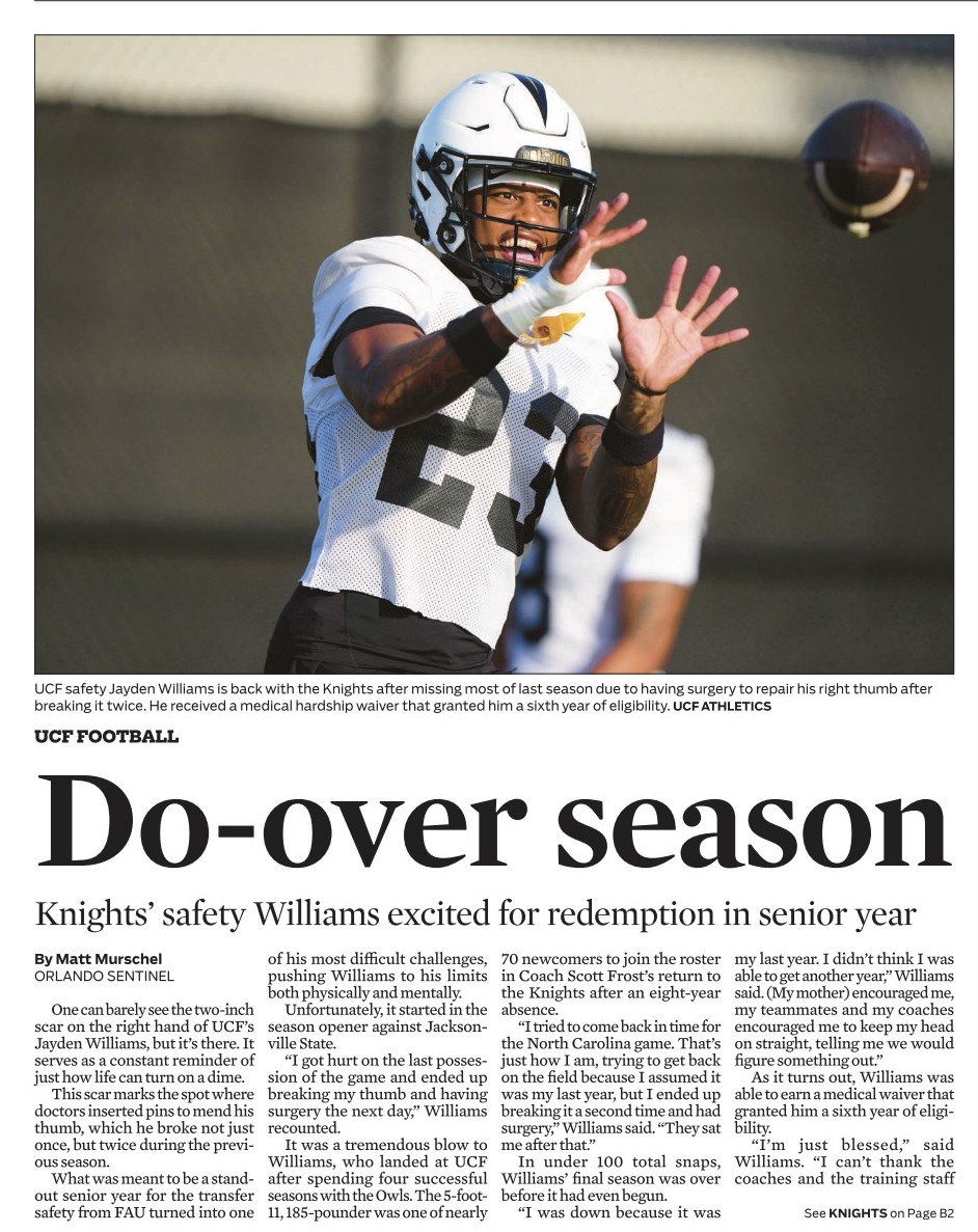 osmattmurschel's tweet image. In today's @orlandosentinel: #UCF safety @jay_will6 is ecstatic to get a do-over on his senior season after missing most of last year after breaking his right thumb twice.

orlandosentinel.com/2026/04/03/ucf…