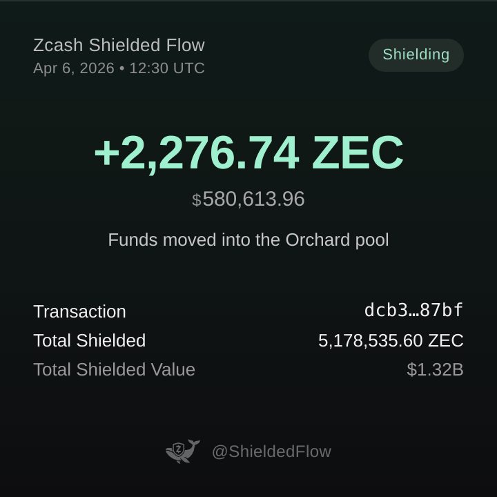 𝗝𝗨𝗦𝗧 𝗜𝗡: 🐳 SHIELDING ALERT 🐳

📈 A wallet just shielded 2,276.74 ZEC ($580,613.96) into the Orchard pool

🔗 Txn Hash: dcb3aee33f3bfd79ea99f8a329dc7421a3af50f0afe0c6037169ee7d701587bf

🛡 Total shielded ZEC across all pools: 5,178,535.60 ZEC ($1,320,630,148.48)