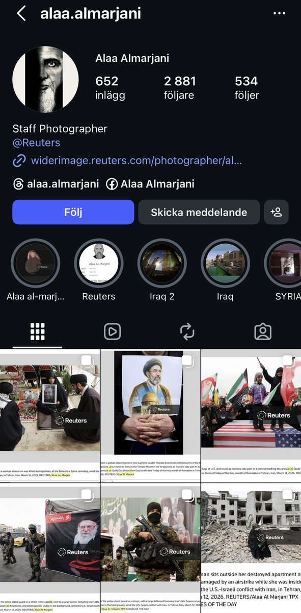 Mileva022's tweet photo. @neroincode @Bbiiddee Dina ord, inte mina.
Se vilka deras utsända fotografer o journalister i Iran är, t ex han som fotat för Reuters, irakiern Alaa Al Marjanis instagramsida. Ingen bias där inte. Samma med Bushra. Har du nånsin frågat dig varför de inte är på plats under protesterna och rapporterar? https://t.co/MyPO3ykA75