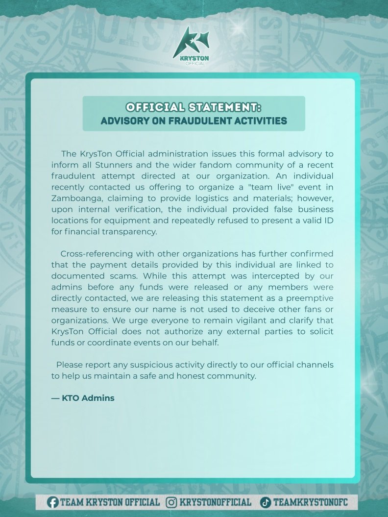 𝐈𝐌𝐏𝐎𝐑𝐓𝐀𝐍𝐓 𝐀𝐃𝐕𝐈𝐒𝐎𝐑𝐘 

Please read the attached statement carefully to stay informed about recent fraudulent attempts targeting our fandom.

For the safety of everyone, we are keeping specific details private. If you need more information or have concerns, feel