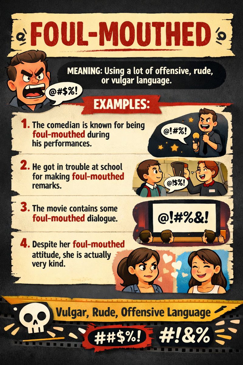 Herminio_EOI's tweet image. ✔️Foul-mouthed
/ˈfaʊlmaʊðd/
》Used to refer to someone who uses offensive, rude, or vulgar language.

▪︎ I try to avoid foul-mouthed conversations when my children are near.
▪︎ He apologized for being foul-mouthed when he lost his temper.

#TEFL #Learning #English #vocabulary