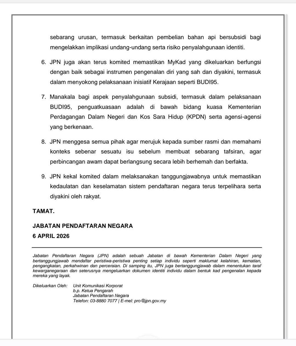 Okk JPN dah bagi jawapan..

TIADA sekatan nak isi Budi95‼️

Nak isi pakai IC orang rumah? Boleh.

Yg tak boleh ialah ikut perangai walaun bawak 4 bijik IC rembat minyak kat Kelantan The Land Of Walauns.

JAUHILAH WALAUN DAN PAS.
INSYAALLAH HIDUP SEJAHTERA 😍