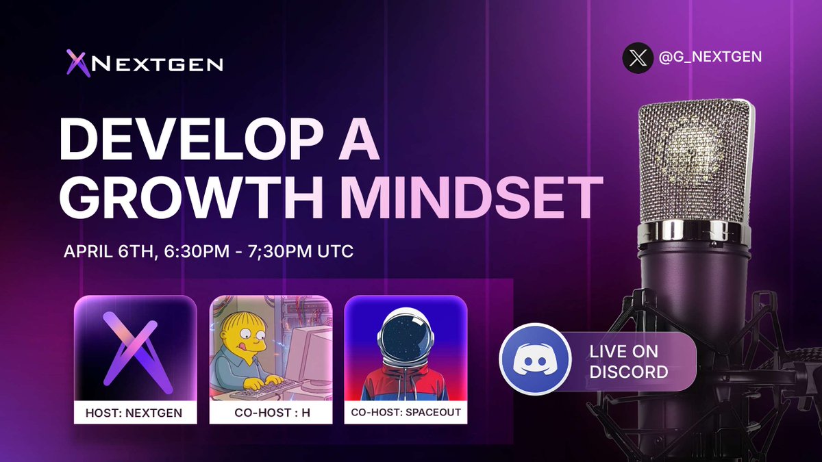 G_NEXTGEN's tweet image. Join us TODAY as we talk about what it really means to develop a growth mindset and why it matters for anyone building in tech, Web3, and beyond.

📅 April 6th (Today)
⏰ 6:30PM - 7:30PM UTC
📍 Live on Discord

#NextGen