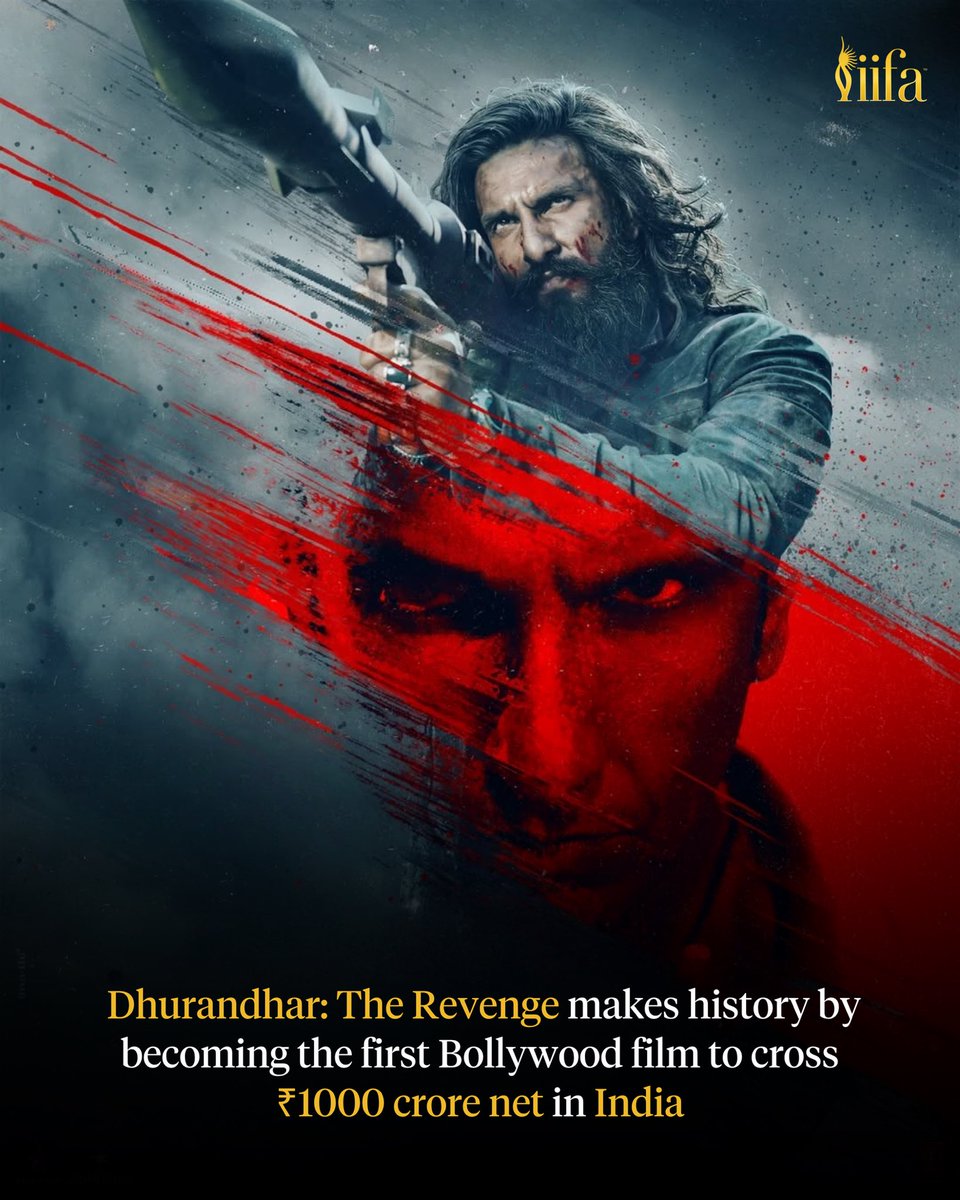 IIFA's tweet image. Dominating both domestic and global markets, Ranveer Singh and Aditya Dhar’s #DhurandharTheRevenge has been smashing records throughout its run and has now made history by becoming the first Bollywood film to cross ₹1000 crore net in India.

#IIFA #Bollywood #RanveerSingh