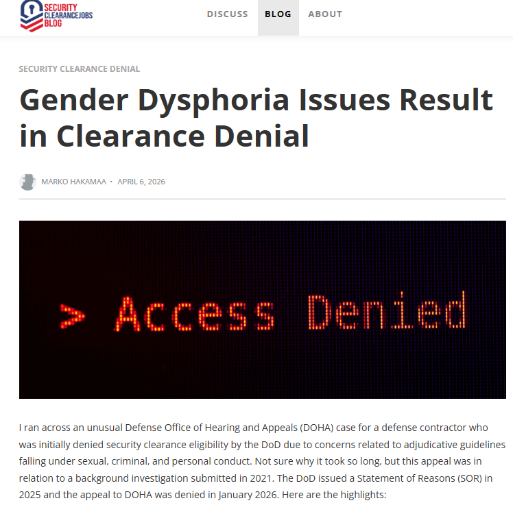secretsquirrel's tweet photo. Gender Dysphoria Issues Result in Clearance Denial: https://t.co/xgO8l4W9MN https://t.co/RFlLQmmSqn