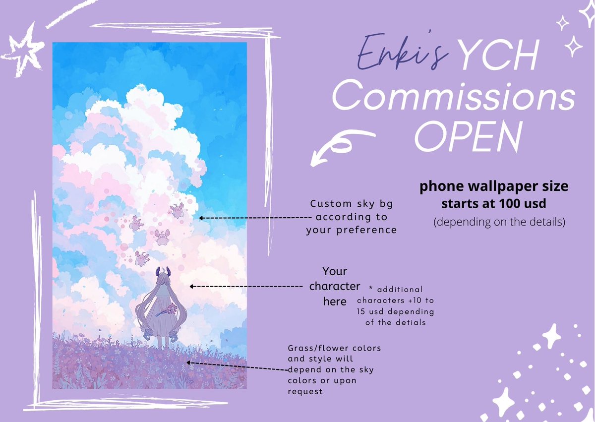 Hello! ✨I'm opening YCH commissions! 🌌
(few slots only and maybe the last batch for this year!)

If you're interested, please contact me via dm,  or email at enkiverdandi@gmail.com or order through my Vgen !

RTs are very much appreciated. 🙇‍♀️ 

1/2 ✨