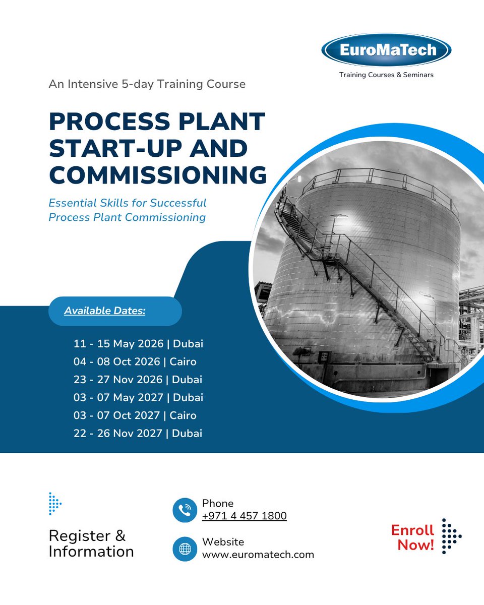 euromatech's tweet image. The start-up and commissioning phase is one of the most critical — and high-risk — stages in any process plant lifecycle.

🔗 To Register: euromatech.com/course/process…
📞 Call / WhatsApp: +971 54 767 5555
✉️ Email: info@euromatech.com

#ProcessEngineering #PlantCommissioning