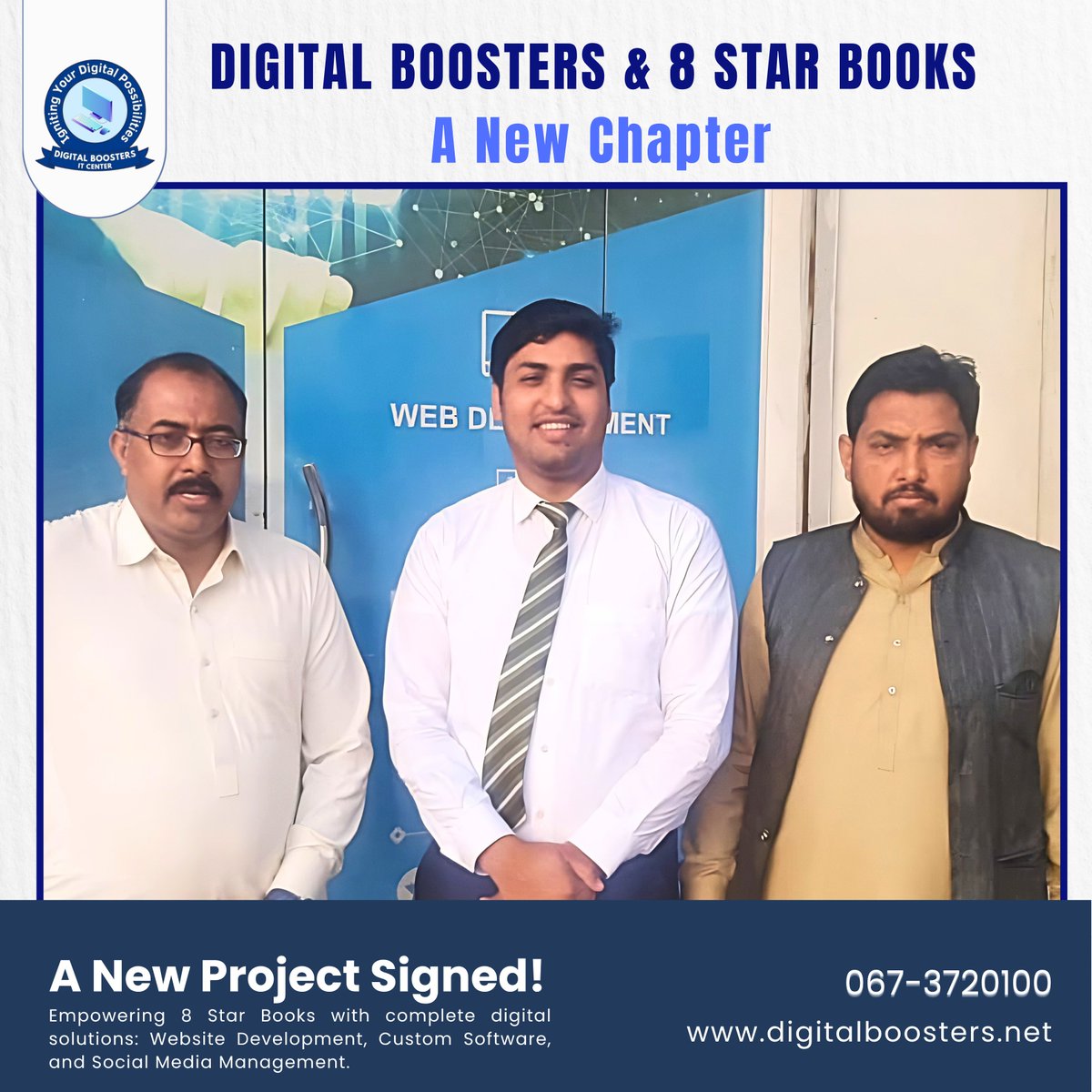 Mujahidveh's tweet photo. Big news! Signed a project with Rao Afzal Sb of 8 Star Books, who journeyed ~200km to us! Digital Boosters will manage their full digital ecosystem: website, software &amp; social media. Excited for this partnership! #DigitalBoosters #8StarBooks #DigitalSolutions https://t.co/GzpqhQHGza