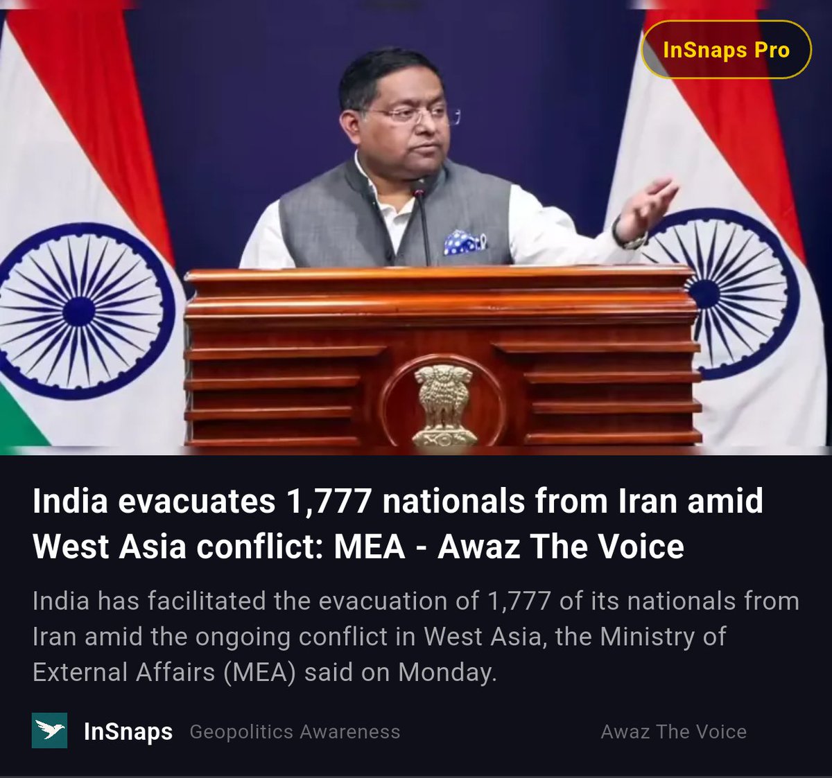 BuildWtPrakhar's tweet image. India evacuates 1,777 nationals from Iran amid West Asia conflict: MEA - Awaz The Voice

Shared Via InSnaps App: credibletechnologies.in/a/L_9gmQB4t29A…

#AwazTheVoice #Tensions #Armenia #Iran #West #Asia #Mea