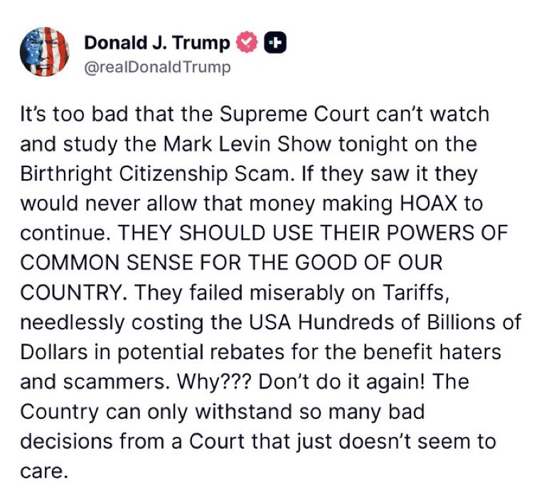 TimRep27250's tweet photo. President Trump is sounding the alarm, America can’t withstand more horrible decisions from the Supreme Court

They need to strike down birthright citizenship for illegals.

“THEY SHOULD USE THEIR POWERS OF COMMON SENSE FOR THE GOOD OF OUR COUNTRY.” https://t.co/eUa3h57Nn0