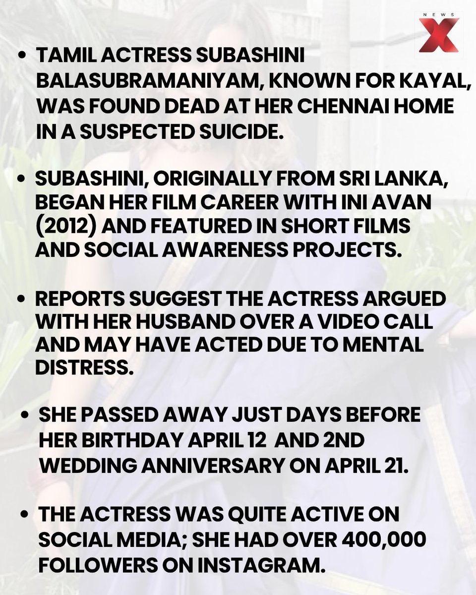 NewsX's tweet image. Subashini Balasubramaniyam Cause Of Death: Popular Tamil Actress Dies At 36 In Case Of Suspected Suicide.

#TamilActress #Suicide #Srilanka #Chennai #Died #NewsX