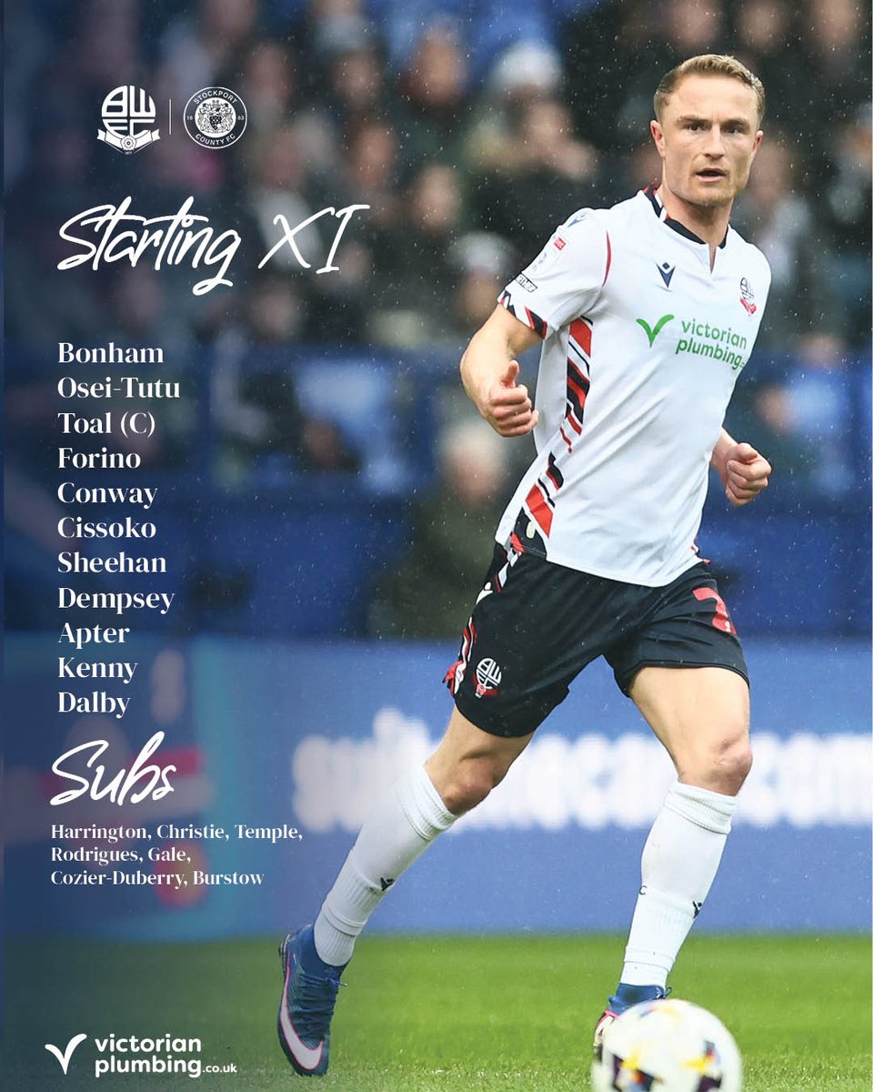 Your Wanderers side to take on Stockport! 💪

◽️ Four changes from Friday.
◽️ Cozier-Duberry returns to the matchday squad.
◽️ Johnston misses out through illness.

#bwfc