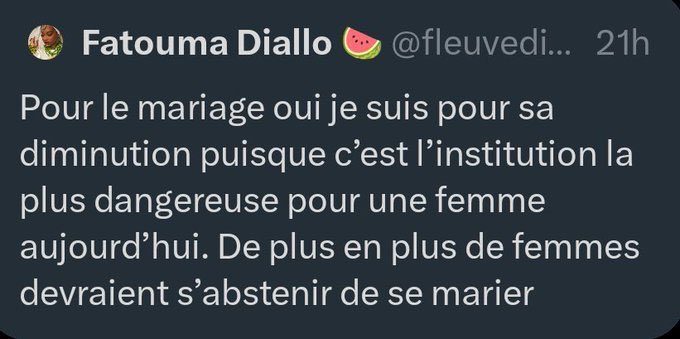 Curieux comme <a href="/fleuvediallo/">Fatouma Diallo 🍉</a>, elle-même mariée, conseille aux autres femmes d’éviter le mariage. « moi je suis assez intelligente pour trouver le bon. Vous ne l’êtes pas donc ne vous mariez pas c’est dangereux ». 
Et c’est quoi l’alternative au mariage ? Le concubinage ? 1/8
