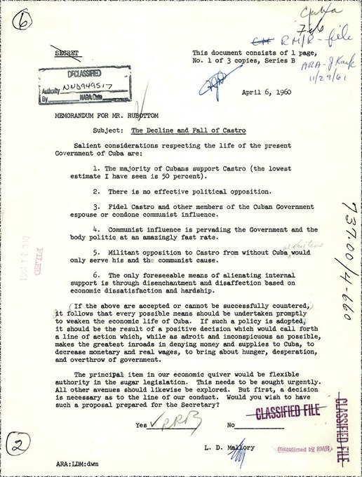Son 66 años de haberse escrito el infame Memorando Mallory, base de la política de bloqueo genocida y de asfixia económica que ha mantenido el gobierno de EEUU contra #Cuba por casi 7 décadas y que hoy recrudece, con un costo humanitario elevado.