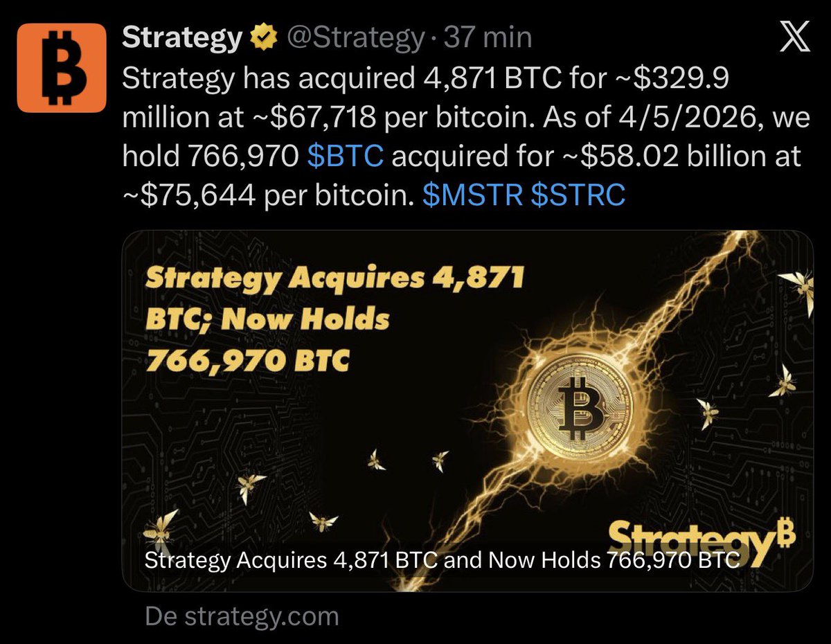 cryptoricobr's tweet photo. Strategy, de Michael Saylor, anuncia compra de 4,871 bitcoins por cerca de $329 milhões. https://t.co/Veptglzdib