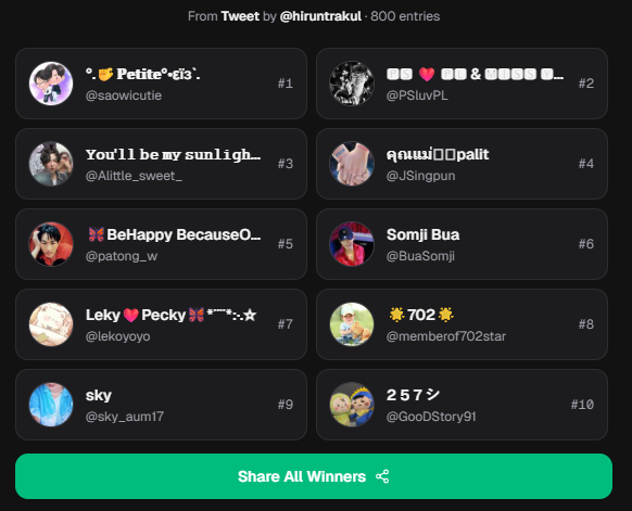 Congrats xpickr Winners - built by <a href="/xpickr/">Xpicker2</a> - <a href="/saowicutie/">°.🤏𝐏𝐞𝐭𝐢𝐭𝐞°•εїз`.</a> <a href="/PSluvPL/">🅿🆂 ❤️ 🅿🅻 & 🅼🅸🆂🆂 🆈🅾🆄 🅻🅸🅺🅴 🅲🆁🅰🆉🆈</a> <a href="/Alittle_sweet_/">𝚈𝚘𝚞'𝚕𝚕 𝚋𝚎 𝚖𝚢 𝚜𝚞𝚗𝚕𝚒𝚐𝚑𝚝 🦋🧤📮</a> <a href="/JSingpun/">คุณแม่❤่palit</a> <a href="/patong_w/">🦋BeHappy BecauseOfYou🐻</a> <a href="/BuaSomji/">Somji Bua</a> <a href="/lekoyoyo/">Leky❤️Pecky🦋*¨¨*:·.☆</a> <a href="/memberof702star/">🌟702🌟</a> <a href="/sky_aum17/">sky</a> <a href="/GooDStory91/">2 5 7 シ</a> xpickr.com/draw/177547913… #xpickr 

เย้สุ่มได้แล้ว 10 ท่านนะคะ วันนี้ใช้ net บ้านเลยสุ่มได้ 10 ท่านตามนี้