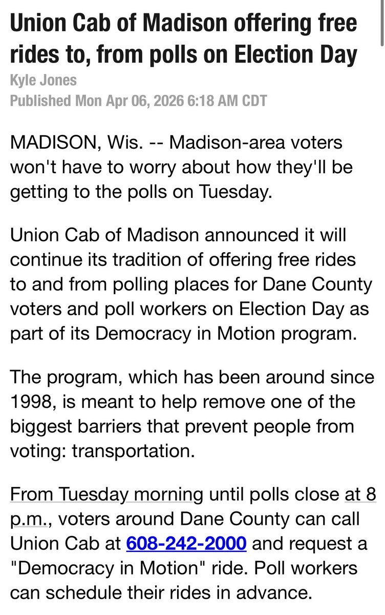 No excuses tomorrow Dane County.

Union Cab is once again offering free rides to the polls.

Get out and vote for Chris Taylor✌️
