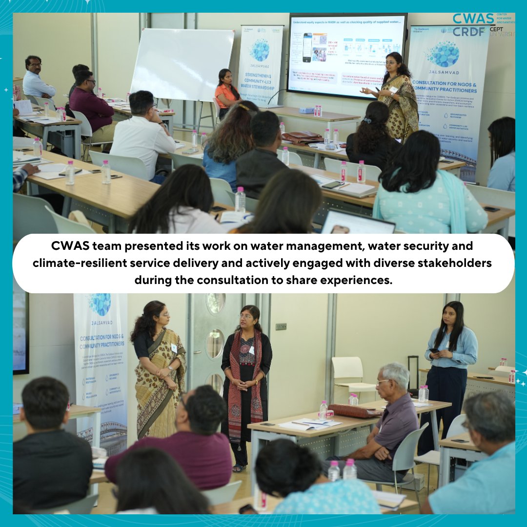 CEPT_CWAS's tweet image. The Jal Samvad organised by Global Water Innovation Centre for Action (GWICA) and CSRBOX.

CWAS team presented their work on urban water management and water security and actively engaging with diverse stakeholders to share experiences and insights during the consultation.
#WASH