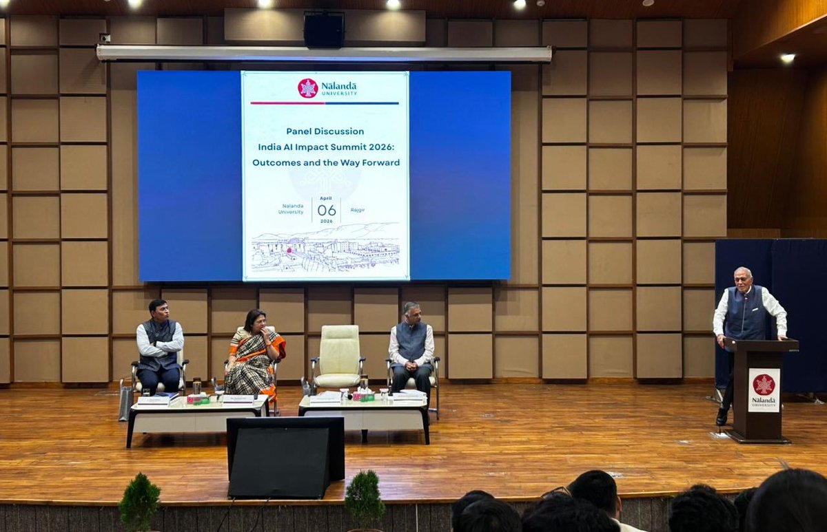 nalanda_univ's tweet photo. Nalanda University hosted a thought-provoking panel discussion on “India AI Impact Summit 2026: Outcomes and the Way Forward” under Artha–Nalanda 2026, bringing together distinguished voices including Former MoS Mrs. Meenakshi Lekhi, Professor K. K. Aggarwal, Dr. Deepak Mishra and Professor Sachin Chaturvedi. 

The discussion explored the evolving relationship between AI and jobs, questioning whether this technological shift marks a fundamental departure from the past. Deliberations highlighted opportunities, disruptions, and the need for adaptive policy frameworks to shape an inclusive AI-driven future.

#NalandaUniversity #AIImpactSummit #AIandEconomics #ArthaNalanda 

@M_Lekhi | @SouthAsianUni | @Sachin_Chat | @MEAIndia