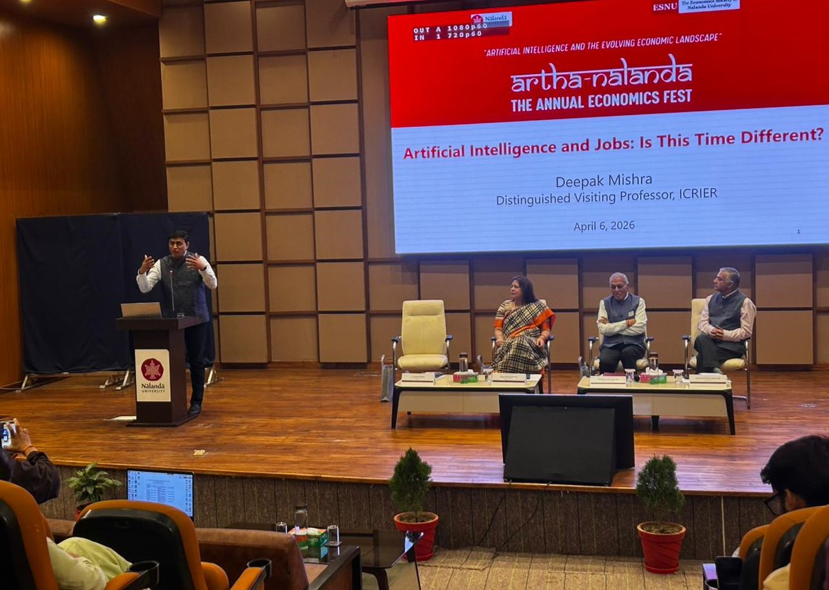 nalanda_univ's tweet photo. Nalanda University hosted a thought-provoking panel discussion on “India AI Impact Summit 2026: Outcomes and the Way Forward” under Artha–Nalanda 2026, bringing together distinguished voices including Former MoS Mrs. Meenakshi Lekhi, Professor K. K. Aggarwal, Dr. Deepak Mishra and Professor Sachin Chaturvedi. 

The discussion explored the evolving relationship between AI and jobs, questioning whether this technological shift marks a fundamental departure from the past. Deliberations highlighted opportunities, disruptions, and the need for adaptive policy frameworks to shape an inclusive AI-driven future.

#NalandaUniversity #AIImpactSummit #AIandEconomics #ArthaNalanda 

@M_Lekhi | @SouthAsianUni | @Sachin_Chat | @MEAIndia