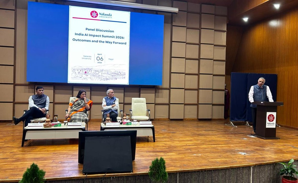 nalanda_univ's tweet photo. Nalanda University hosted a thought-provoking panel discussion on “India AI Impact Summit 2026: Outcomes and the Way Forward” under Artha–Nalanda 2026, bringing together distinguished voices including Former MoS Mrs. Meenakshi Lekhi, Professor K. K. Aggarwal, Dr. Deepak Mishra and Professor Sachin Chaturvedi. 

The discussion explored the evolving relationship between AI and jobs, questioning whether this technological shift marks a fundamental departure from the past. Deliberations highlighted opportunities, disruptions, and the need for adaptive policy frameworks to shape an inclusive AI-driven future.

#NalandaUniversity #AIImpactSummit #AIandEconomics #ArthaNalanda 

@M_Lekhi | @SouthAsianUni | @Sachin_Chat | @MEAIndia