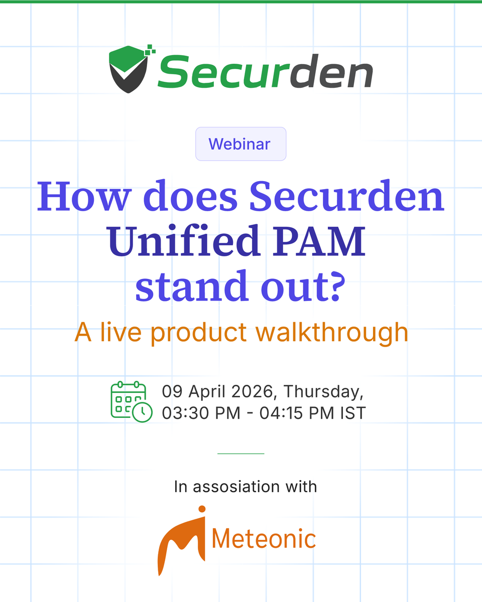 securden's tweet photo. Securden is excited to join hands with our partner, Meteonic Innovation Pvt Ltd, for an exclusive webinar tailored for their customer community, focusing on how 𝐒𝐞𝐜𝐮𝐫𝐝𝐞𝐧 𝐔𝐧𝐢𝐟𝐢𝐞𝐝 𝐏𝐀𝐌 helps organizations simplify and strengthen privileged access security.
 
In this session, we will discuss how organizations can gain tighter control over privileged accounts, enforce least privilege, streamline access workflows, and improve visibility into critical access activities through a unified platform.
 
We look forward to an engaging session with the Meteonic customer community and to sharing practical insights on modern privileged access management.

https://t.co/VIQbrjfRsQ

#Securden #UnifiedPAM #PrivilegedAccessManagement #Cybersecurity #MeteonicInnovation #PartnerWebinar