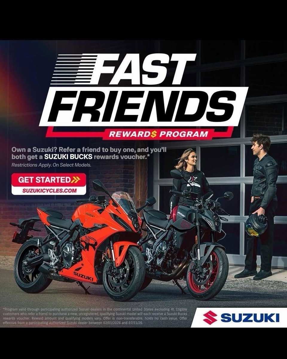 suzukicycles's tweet photo. Suzuki Fast Friends is back!! — the referral program that rewards you for bringing your friends into the Suzuki family.

Sign up, share, and start earning with Suzuki Fast Friends. https://t.co/3izbNn7n6Z.

#Suzuki #SuzukiCycles #FastFriends https://t.co/lybrFsUm8P
