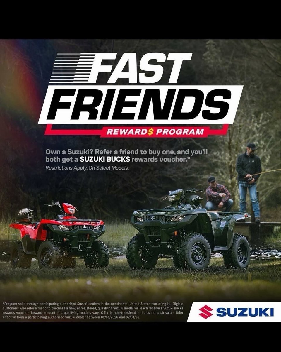 suzukicycles's tweet photo. Suzuki Fast Friends is back!! — the referral program that rewards you for bringing your friends into the Suzuki family.

Sign up, share, and start earning with Suzuki Fast Friends. https://t.co/3izbNn7n6Z.

#Suzuki #SuzukiCycles #FastFriends https://t.co/lybrFsUm8P