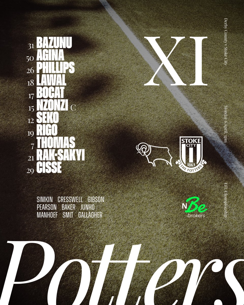 Your Pride Park Potters 📝

◾️ Agina set for full debut in Midlands match-up
◾️ Academy defender has been a Potter since the age of eight
◾️ Rigo restored in two changes from Good Friday win

Team news sponsored by NBe Brokers.