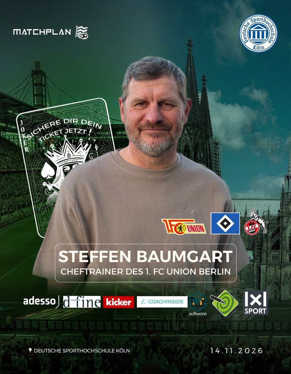 MatchplanKfrnz's tweet photo. 🚨 Speaker Announcement 🚨

🎤 Vorstellung Steffen Baumgart 🎤

🔴 Cheftrainer beim 1. FC Union Berlin (Bundesliga)
🐐 Ehem. Cheftrainer beim 1. FC Köln (Bundesliga)
🔵 Ehem. Cheftrainer beim HSV (2. Bundesliga)

🗓️ 14.11.2026
📍 @SpohoKoeln
🎟️ Tickets: https://t.co/Jm83cDNrX9 https://t.co/o3YwZwlER1