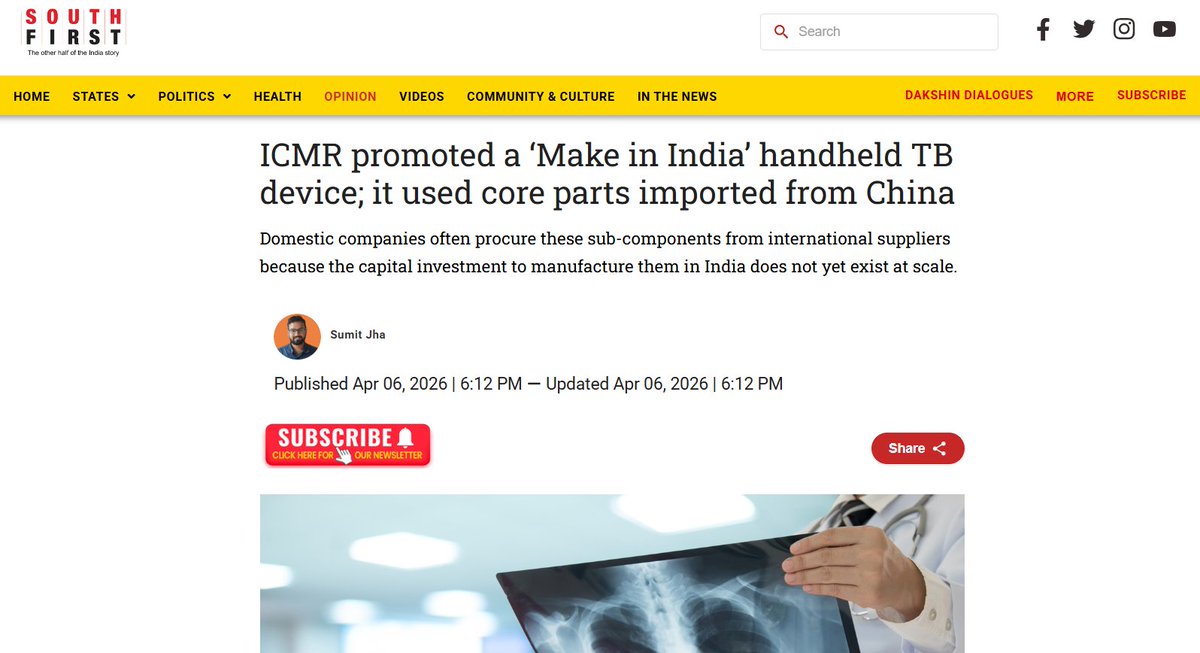 Just like Galgotias, ICMR labelled its AI-based TB detection device “Make in India.” Parliamentary panel says the core parts came from China
thesouthfirst.com/health/icmr-tb…