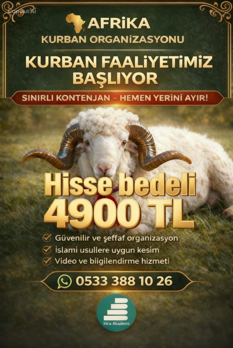 hiraakdm's tweet photo. KURBAN FAALİYETİMİZ BAŞLIYOR 📣

Kurban bağışlarınızı Hira Akademi güvencesiyle, Afrika’da İslami usullere uygun olarak gerçekleştiriyoruz.

📌 Kontenjanımız sınırlıdır
📞 Detaylı bilgi için afişteki numaradan bize ulaşabilirsin. https://t.co/wdBLYKvyGy