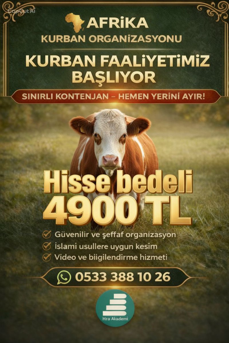 hiraakdm's tweet photo. KURBAN FAALİYETİMİZ BAŞLIYOR 📣

Kurban bağışlarınızı Hira Akademi güvencesiyle, Afrika’da İslami usullere uygun olarak gerçekleştiriyoruz.

📌 Kontenjanımız sınırlıdır
📞 Detaylı bilgi için afişteki numaradan bize ulaşabilirsin. https://t.co/wdBLYKvyGy