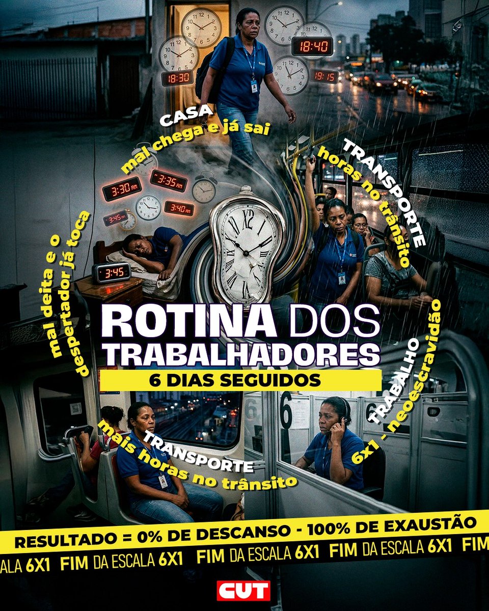 CUT_Brasil's tweet photo. Seis dias seguidos de trabalho, horas no transporte, quase nenhum tempo pra viver.
Essa é a realidade de milhões de trabalhadores e trabalhadoras no Brasil.

A escala 6x1 não é saudável, não é justa e não respeita a vida de quem move o país todos os dias. https://t.co/7xn4rUAGrN