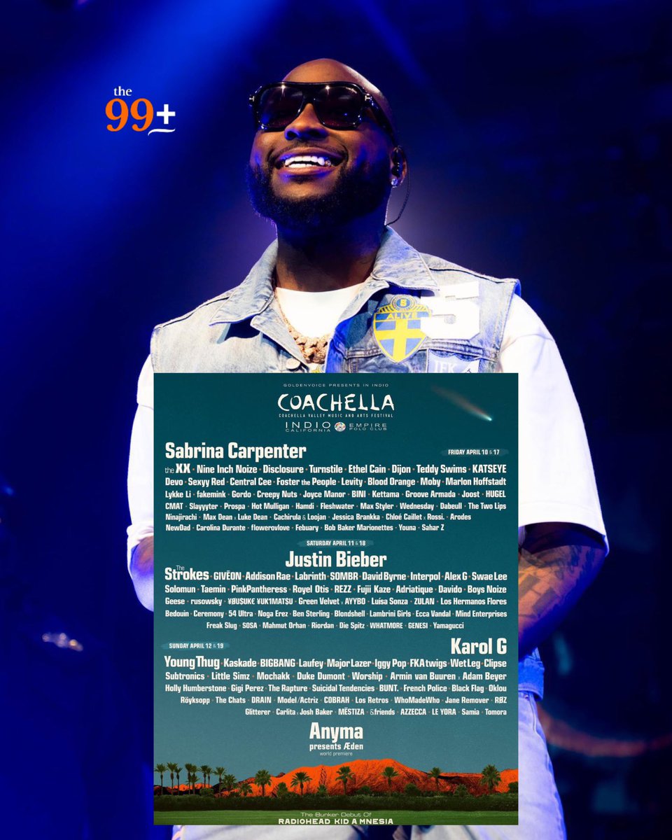 99Pluz's tweet image. Davido to Perform at Coachella 🌴🔥

Davido is set to make his first official appearance at Coachella Valley Music and Arts Festival next week, standing out as the only Nigerian artist on this year’s lineup 👏🏽🇳🇬

#davidonews #coachella2026 #davido #coachellafestival