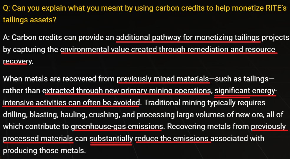 swinvested's tweet photo. I have been saying for quite a long time, @Mineralrite is not a #mining company, they are a #monitization machine in the making. This is what their CEO is specialized in, and it shows in the recent Q&A.
IMO, this not only opens up $RITE to a very significant secondary stream of revenue for their on projects (selling carbon avoidance credits - CAC's) but also potentially in JV relationships or partnerships with other similar projects, by bringing in their unique expertise.
When you are dealing with government buearocracy, being competant, specialized, and efficient in the processes necessary to get the job done (in a timely manner) is a HUGE a$$et. $RITE could be of great value to other companies with similar resources (tailings), allowing them to achieve MUCH GREATER monetization in their own projects, with the help of $RITE. Such a JV/partnership could offer $RITE claim to a portion of the mineral/CAC value recovered in their projects.
Remember, mineralite will let other people do the grunt work, $RITE's job is to be the brains! 🧠
Work SMART AND HARD = Exponential Results 📈💰💰💰
@Mineralrite CEO, James Burgauer, has shown that he doesn't speak about topics/happenings unless it is well underway. The fact that he answers a question on carbon credits means they have already done a significant amount of work toward these ends, IMO. My guess is we'll be hearing A LOT more about this in the not-so-distant future.
We've got a winner here! Am I $RITE???