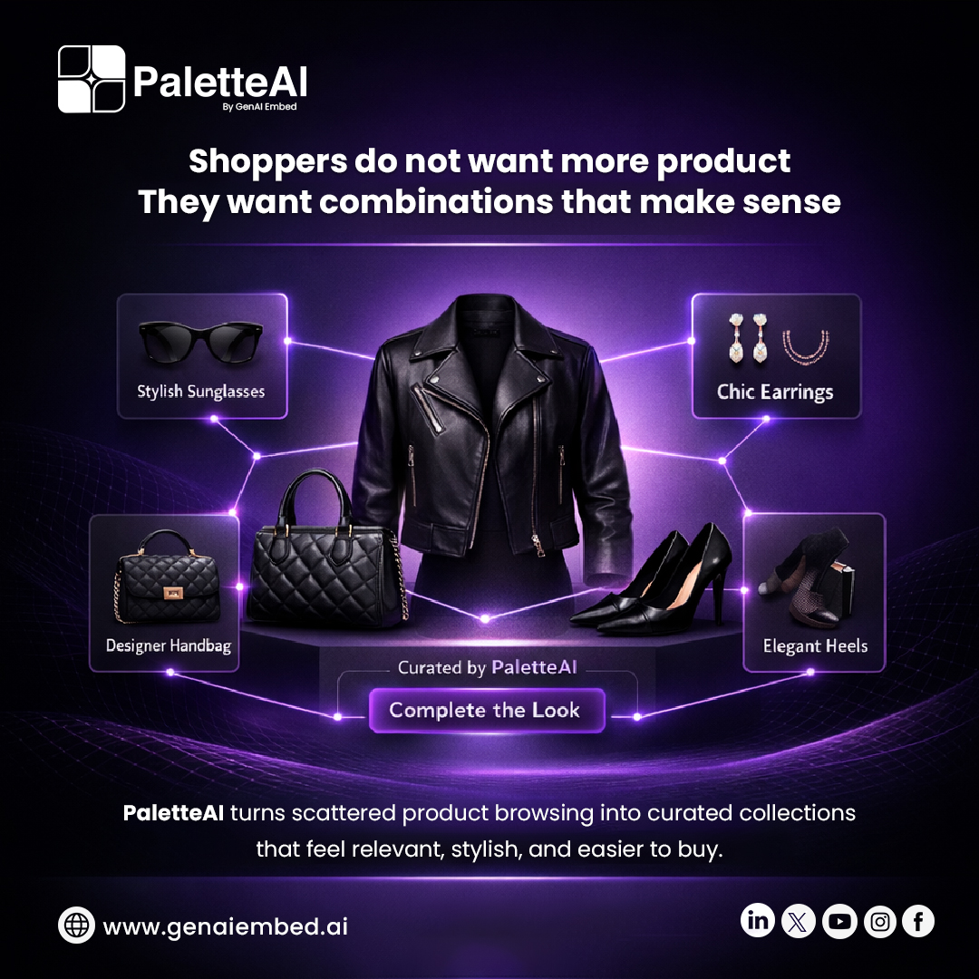 GenaiEmbed's tweet photo. Shoppers do not want more products. They want the right combinations.

PaletteAI helps retail brands turn browsing into curated discovery that feels relevant, intentional, and easier to buy.

Less friction. Better engagement. Stronger conversion.

https://t.co/grhaz8tKLv https://t.co/C018gFEoZ0