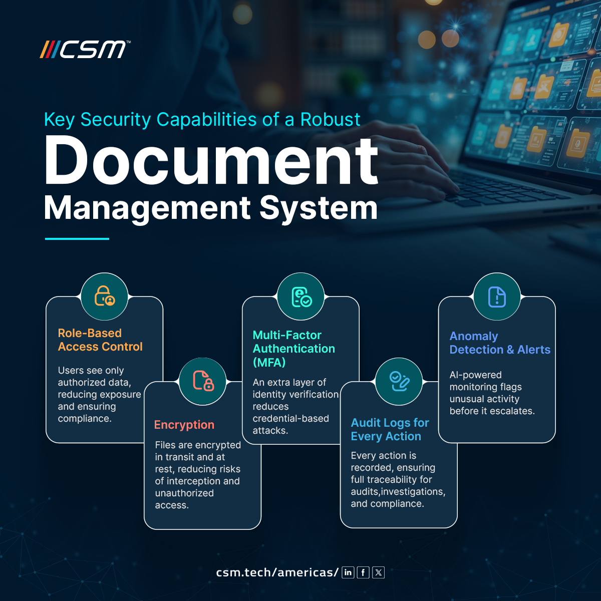 Secure #documents. Secure #business.

A strong DMS delivers:

 1. Access control
 2. Encryption
 3. MFA
 4. Audit logs
 5. AI threat alerts

Is yours ready?

Explore more: bit.ly/4c794Nt

#DocumentManagement #CyberSecurity #DataProtection #USA #CSM