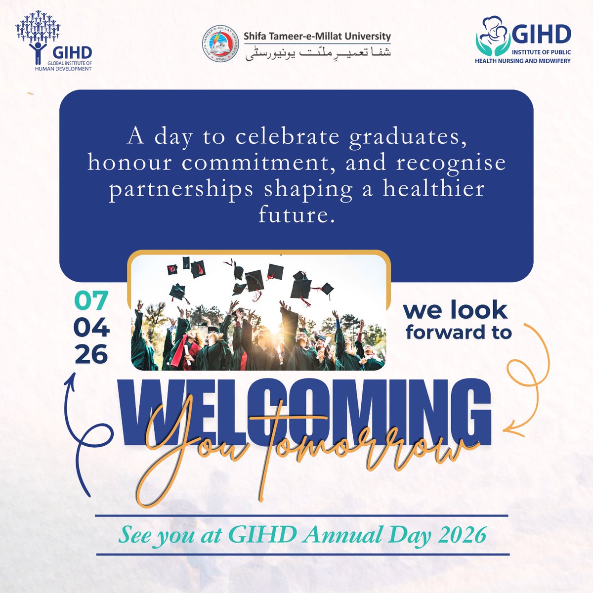 gihdofficial's tweet photo. 1 Day to Go! 🎓

GIHD Annual Day 2026 – Graduation &amp; Oath Taking Ceremony is almost here.

Celebrating graduates, partnerships, and impact in mental health &amp; public health.

📅 7 April 2026 @STMU_Official 
📍 Islamabad
#GIHD #Graduation2026 #PublicHealth #MentalHealth https://t.co/puZzXygVO5